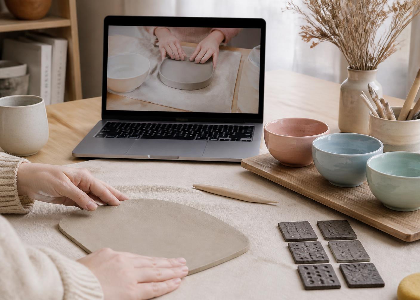 Hjemmearbejdsplads med laptop og keramikmaterialer